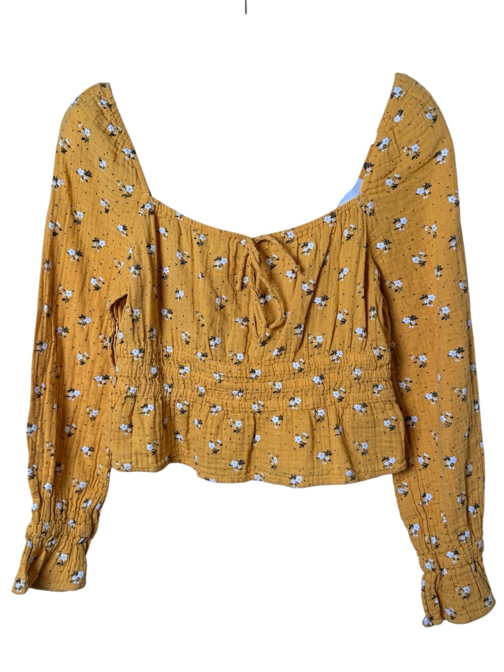 Wild Honey Medium Mustard Floral Peplum Smocked Long-Sleeve Top